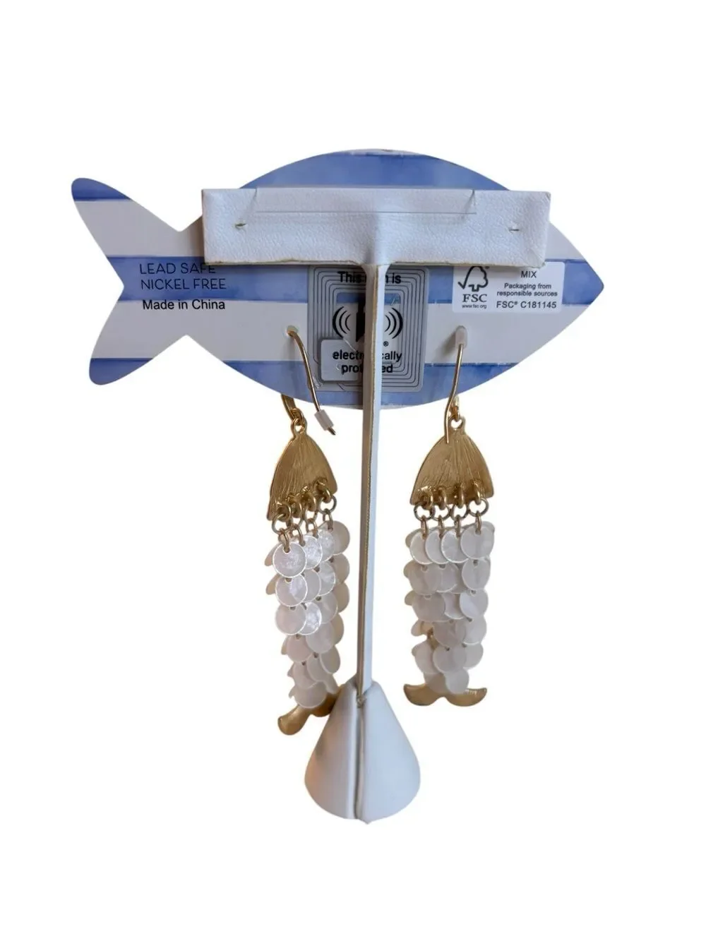 Hammered Brush Gold Tone Fish Head Drop Earrings w/ Cascading Shell Discs.